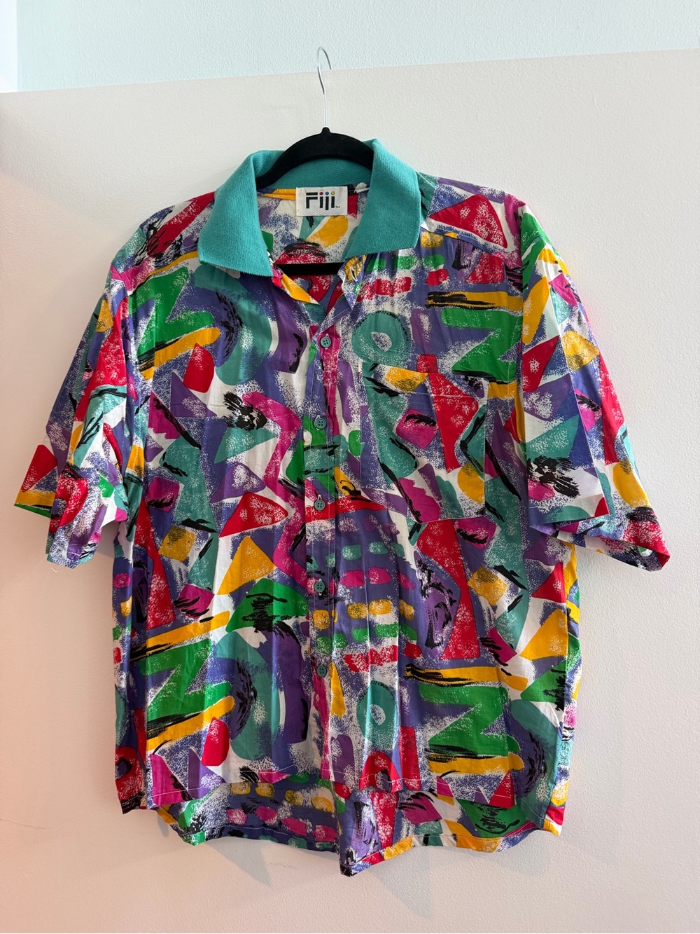 Vintage Retro Multicolor Abstract Print Short-Sleeve Button Up Shirt